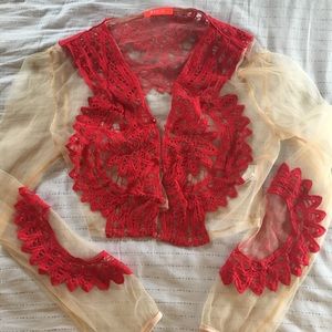 DOPE mesh top with red embroidery